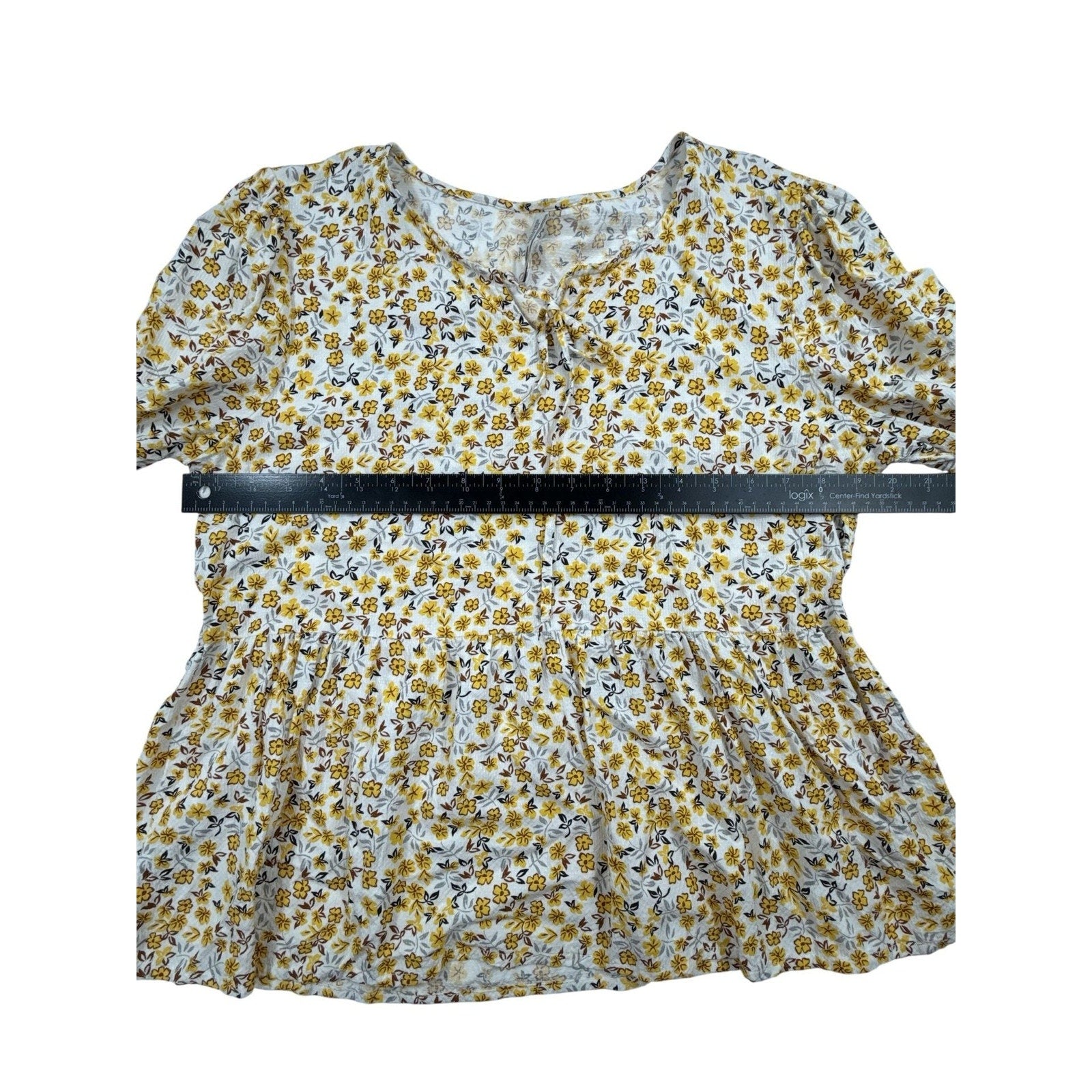 Lee Cooper London Yellow Floral Peplum Blouse with Tie Neck and Cuffed Sleeves X