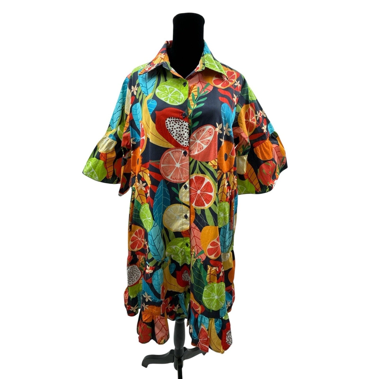 Maude Vivante 100% Cotton Tropical Fruit Print Tiered Shirt Dress