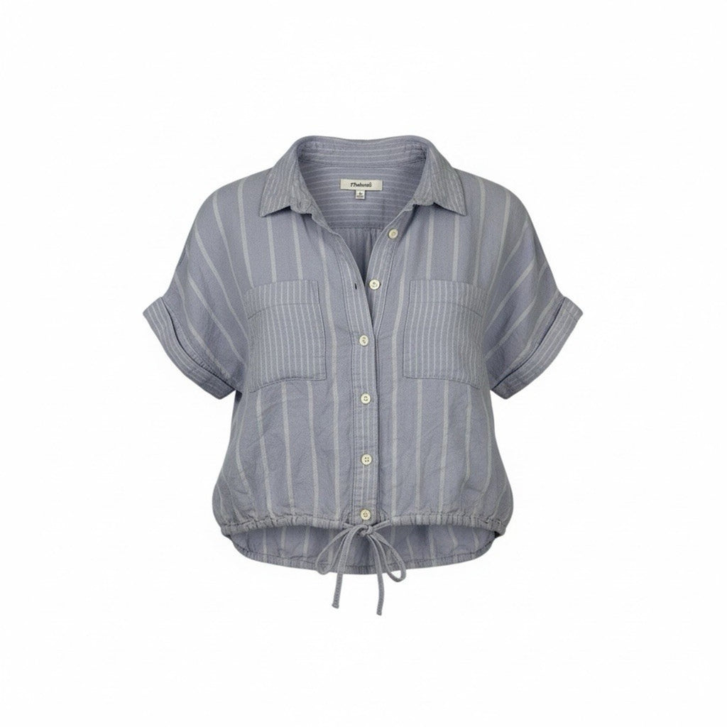 Madewell Linen-Blend Button-Up Drawstring Shirt in Stripe Distant Lavender S