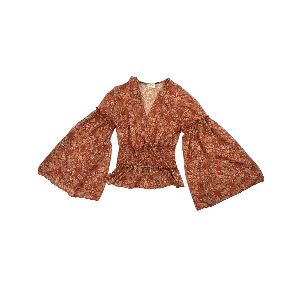 Peach Love California Floral Smocked Waist Bell Sleeve Wrap Blouse