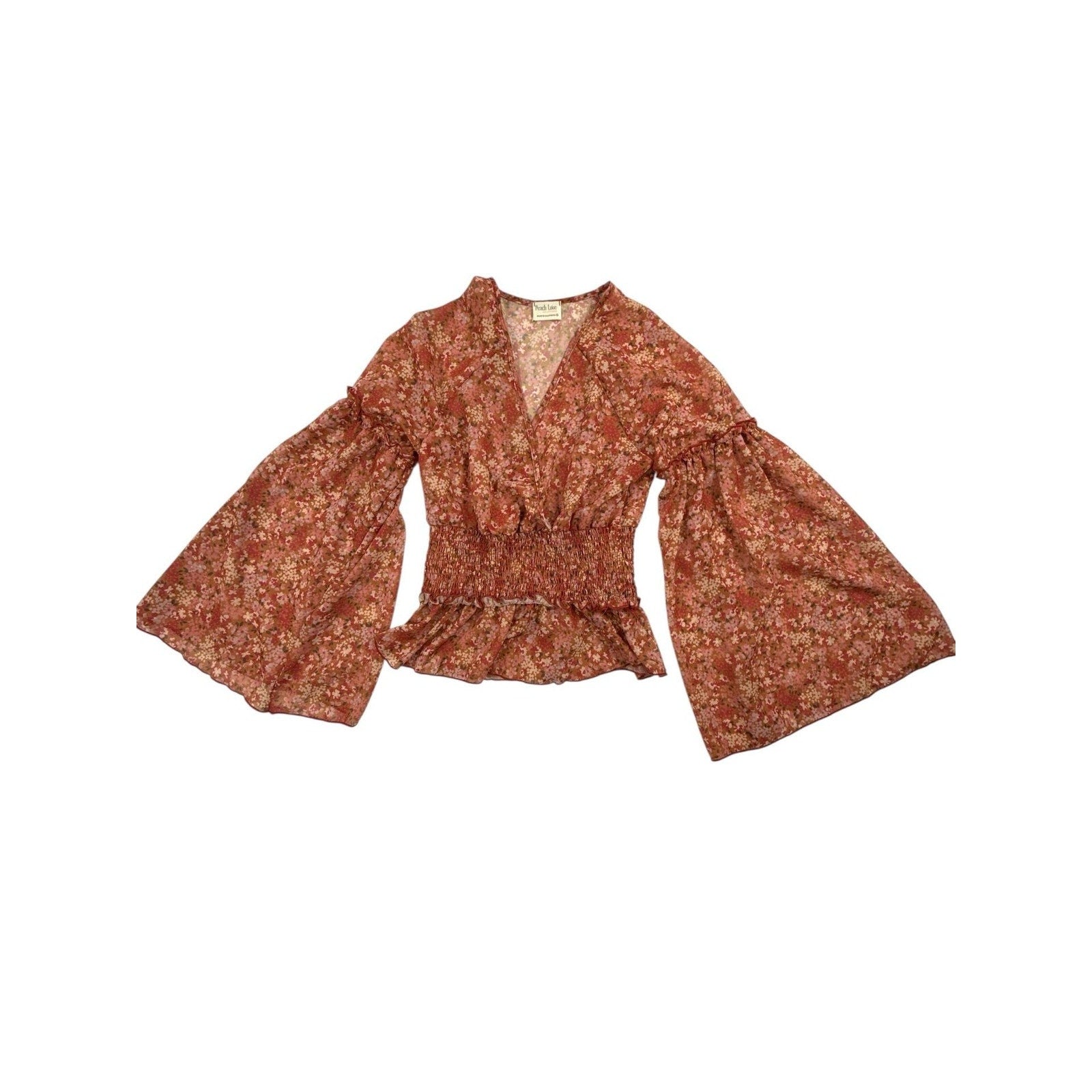 Peach Love California Floral Smocked Waist Bell Sleeve Wrap Blouse