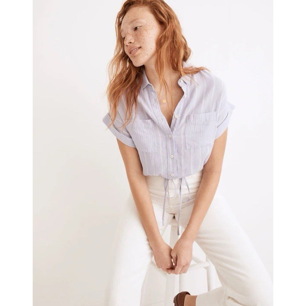 Madewell Linen-Blend Button-Up Drawstring Shirt in Stripe Distant Lavender S