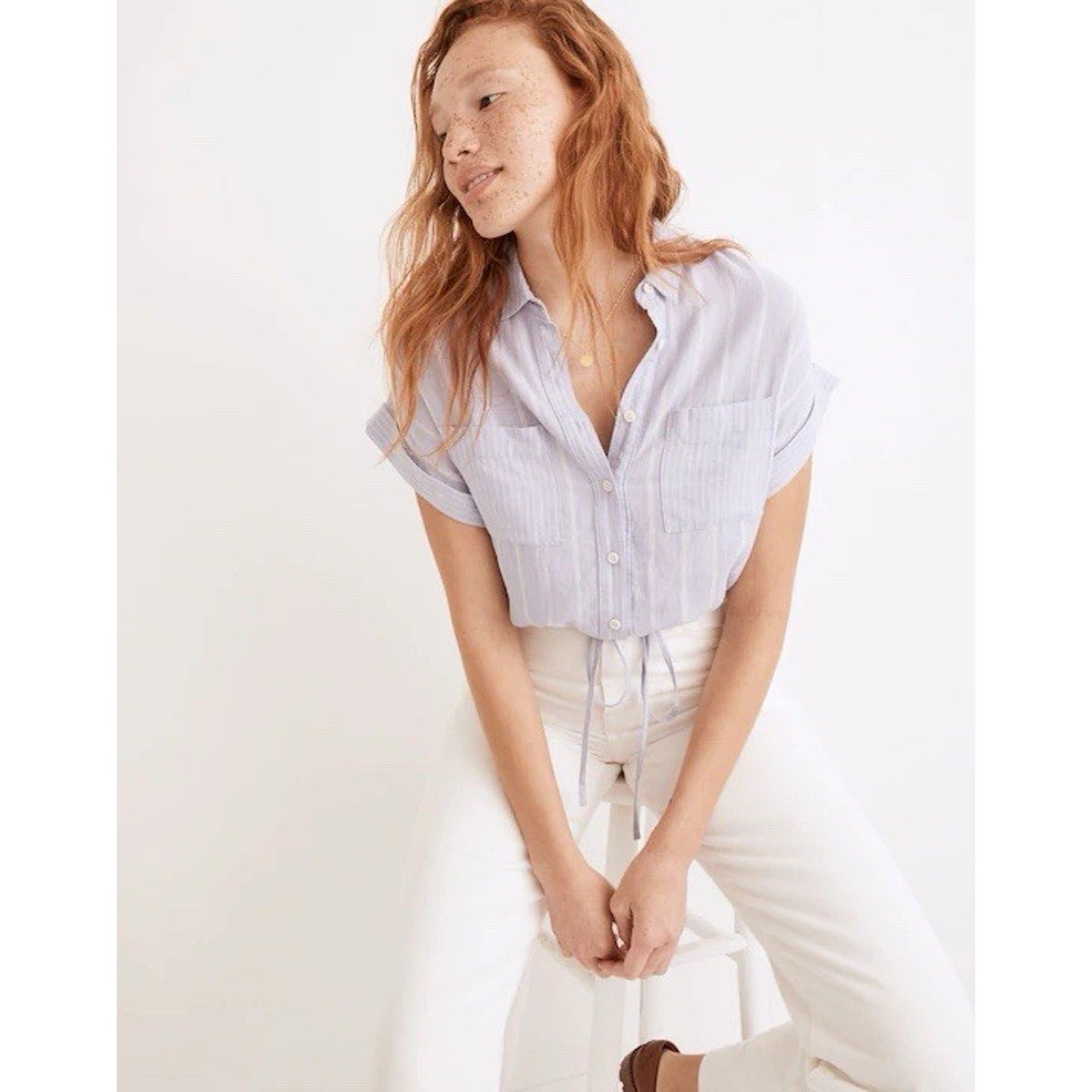 Madewell Linen-Blend Button-Up Drawstring Shirt in Stripe Distant Lavender S