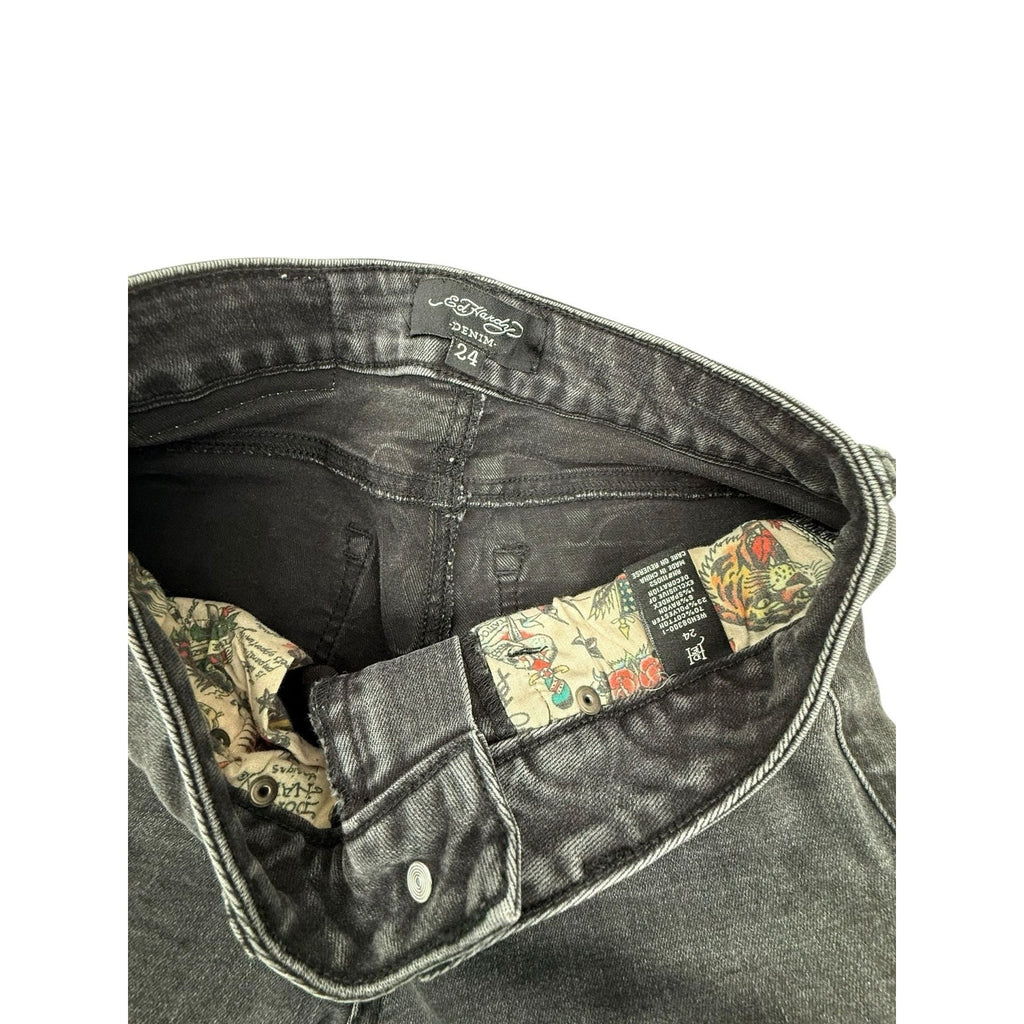Ed Hardy Women's Size 24 Love Kills Slowly Embroidered Wide Leg Jeans in Faded B