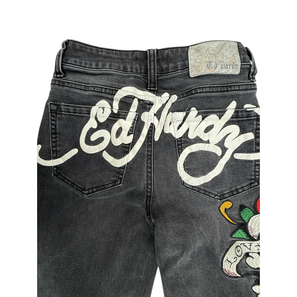 Ed Hardy Women's Size 24 Love Kills Slowly Embroidered Wide Leg Jeans in Faded B