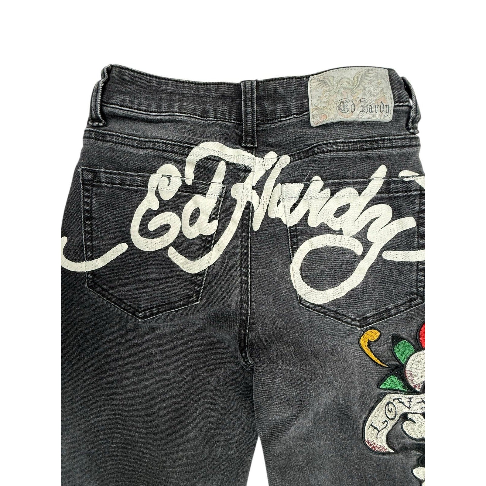 Ed Hardy Women's Size 24 Love Kills Slowly Embroidered Wide Leg Jeans in Faded B