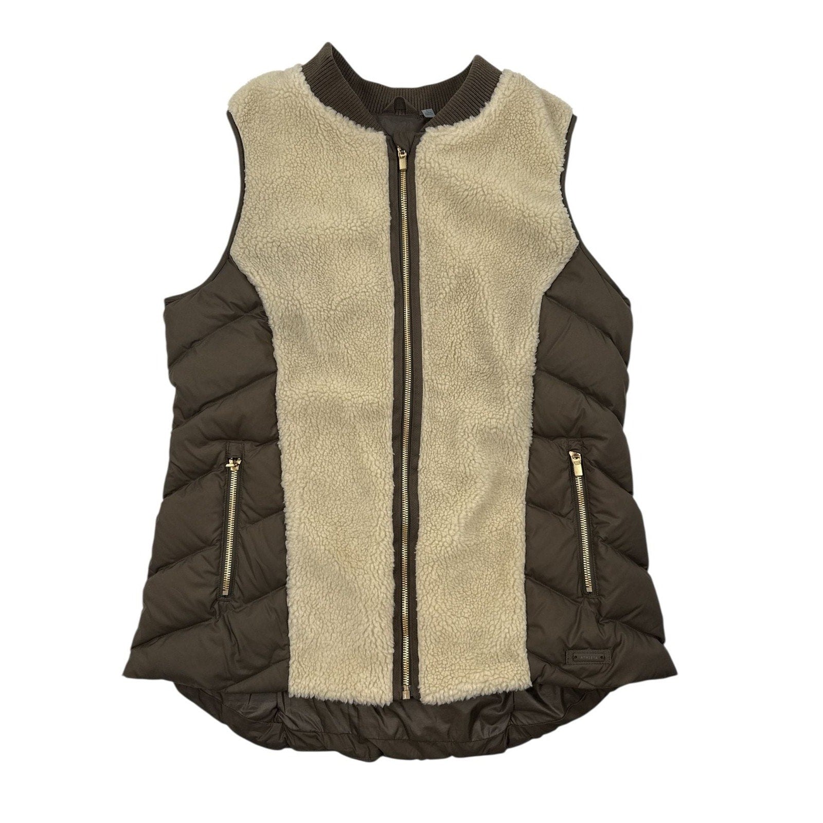 Athleta Tundra Responsible Down Sherpa Puffer Vest Brown Cream Size L