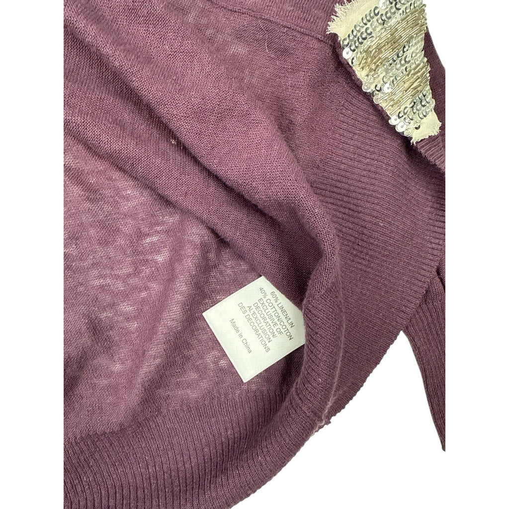 Tory Burch Cardigan Open Front Women's Size Medium Linen Sequin Trimmed Purple