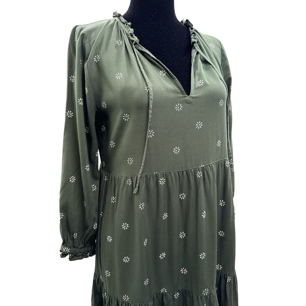 MADEWELL Tie-Neck Tiered Swingy Midi Dress Stardot Dark Forest SZ XS