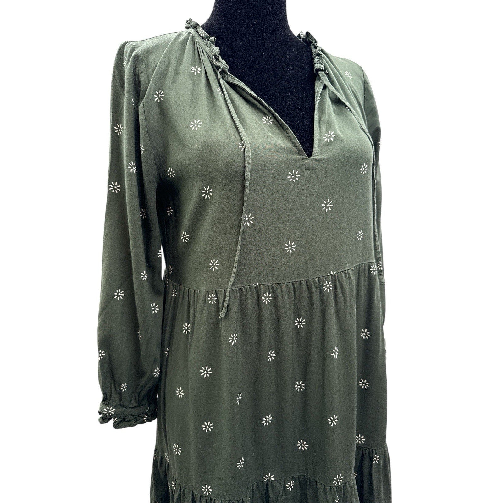 MADEWELL Tie-Neck Tiered Swingy Midi Dress Stardot Dark Forest SZ XS