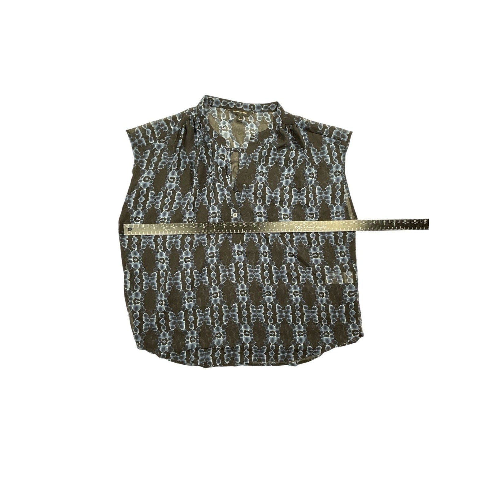Banana Republic Sheer Black and Blue Geometric Print Cap Sleeve Blouse