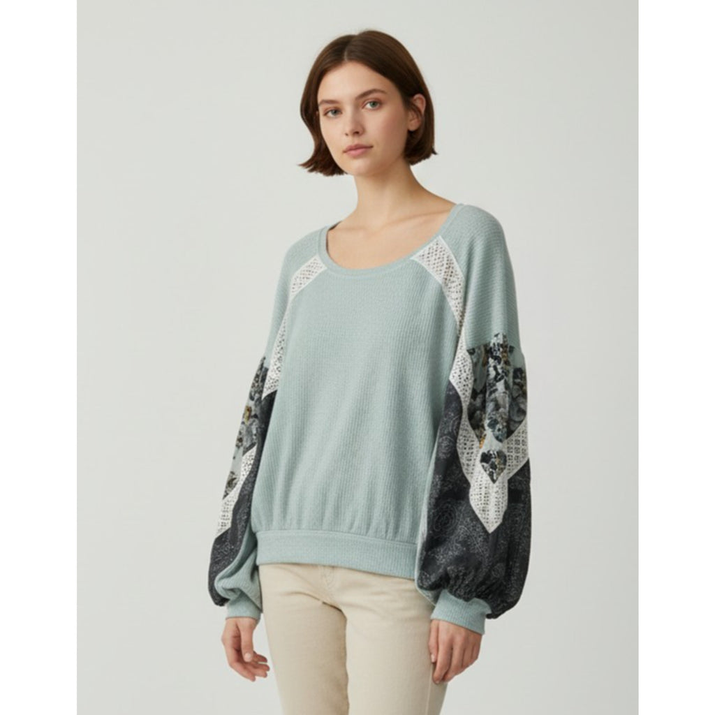 Free People Casual Clash Balloon Sleeve Mint Green Boho Blouse Size M