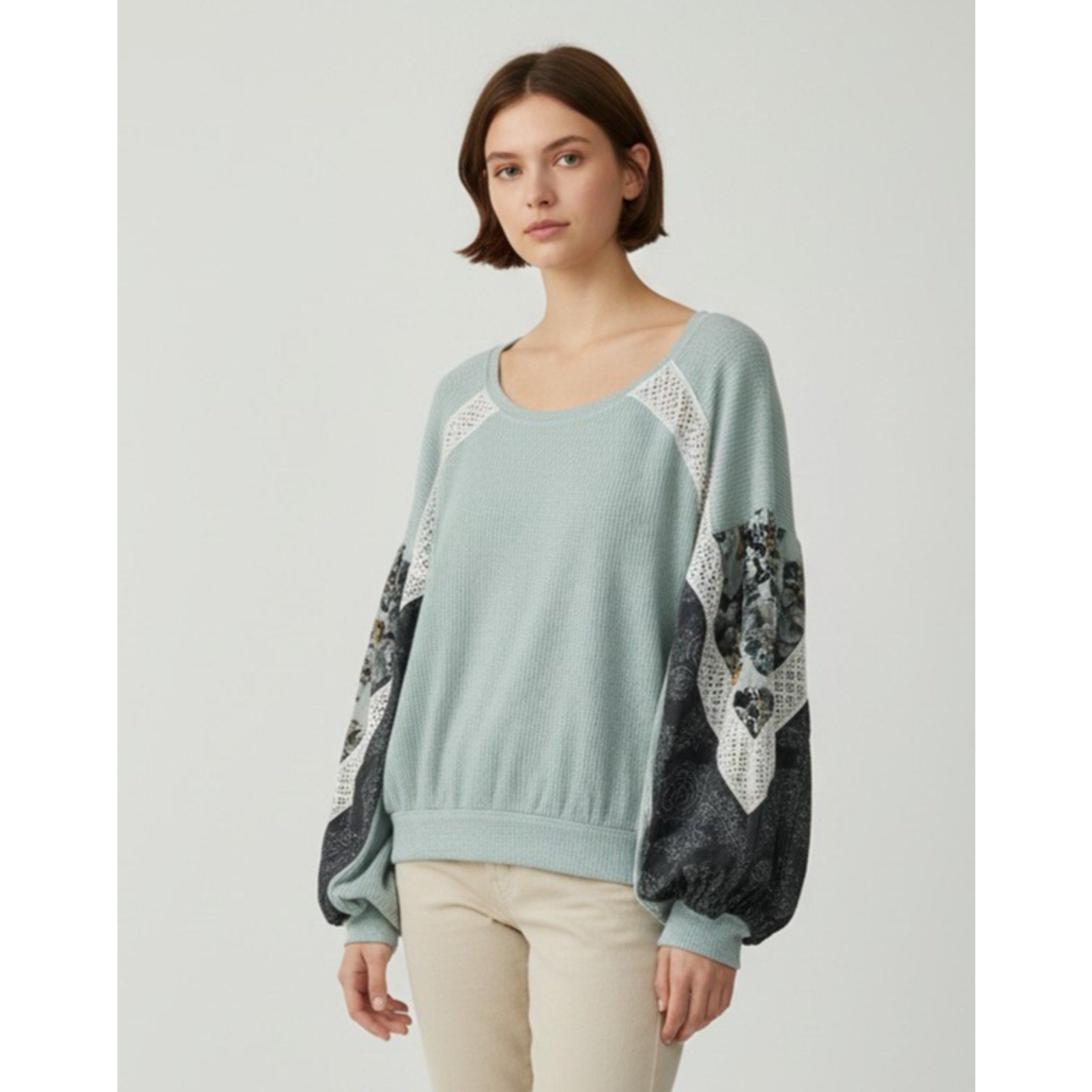 Free People Casual Clash Balloon Sleeve Mint Green Boho Blouse Size M