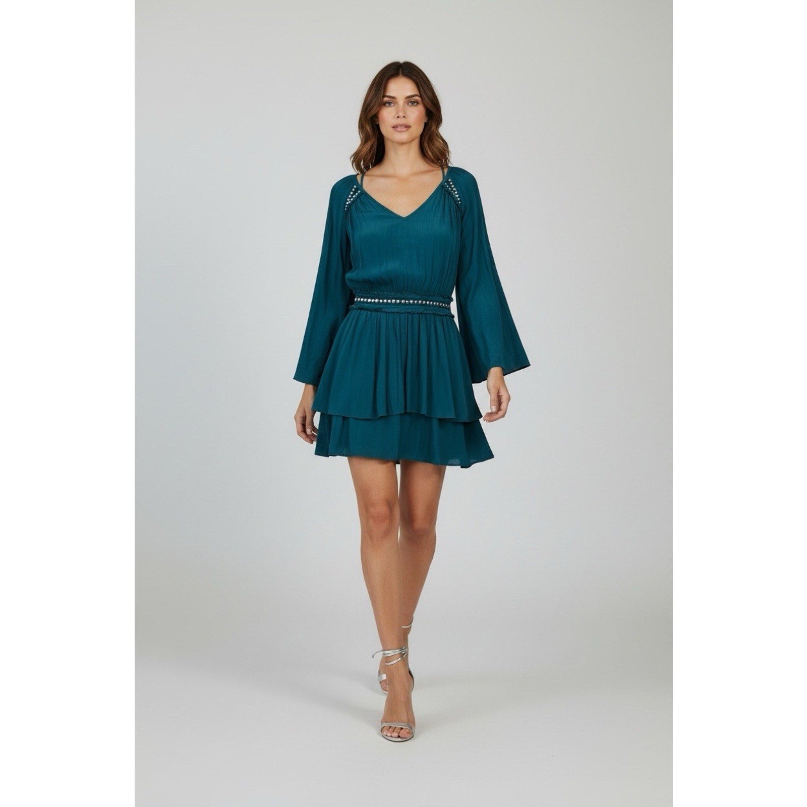 Ramy Brook Studded Mini Ruffled Dress Blue Green Teal Size S