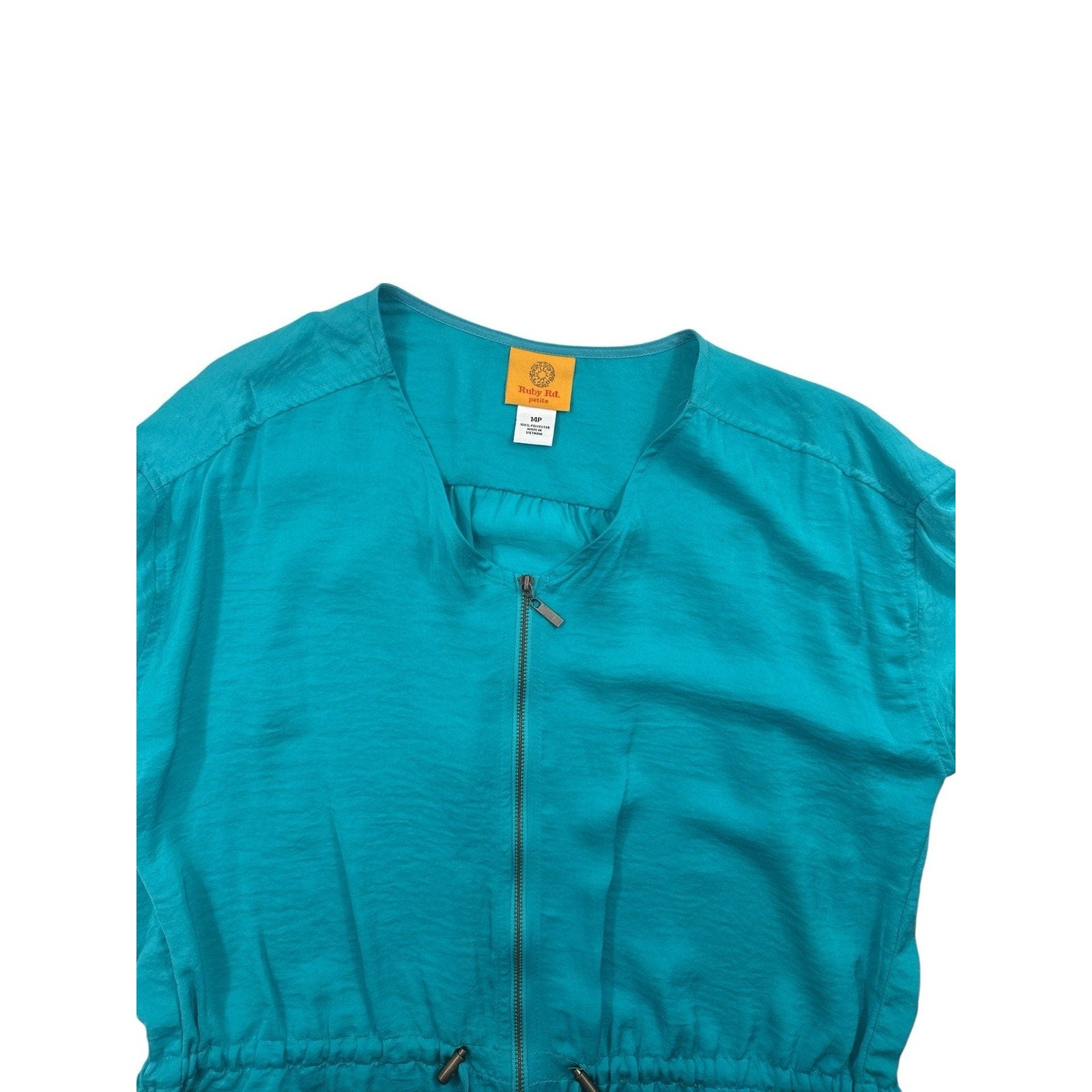 Ruby Rd. Petite Turquoise Full Zip Drawstring Waist Roll Tab Blouse Jacket