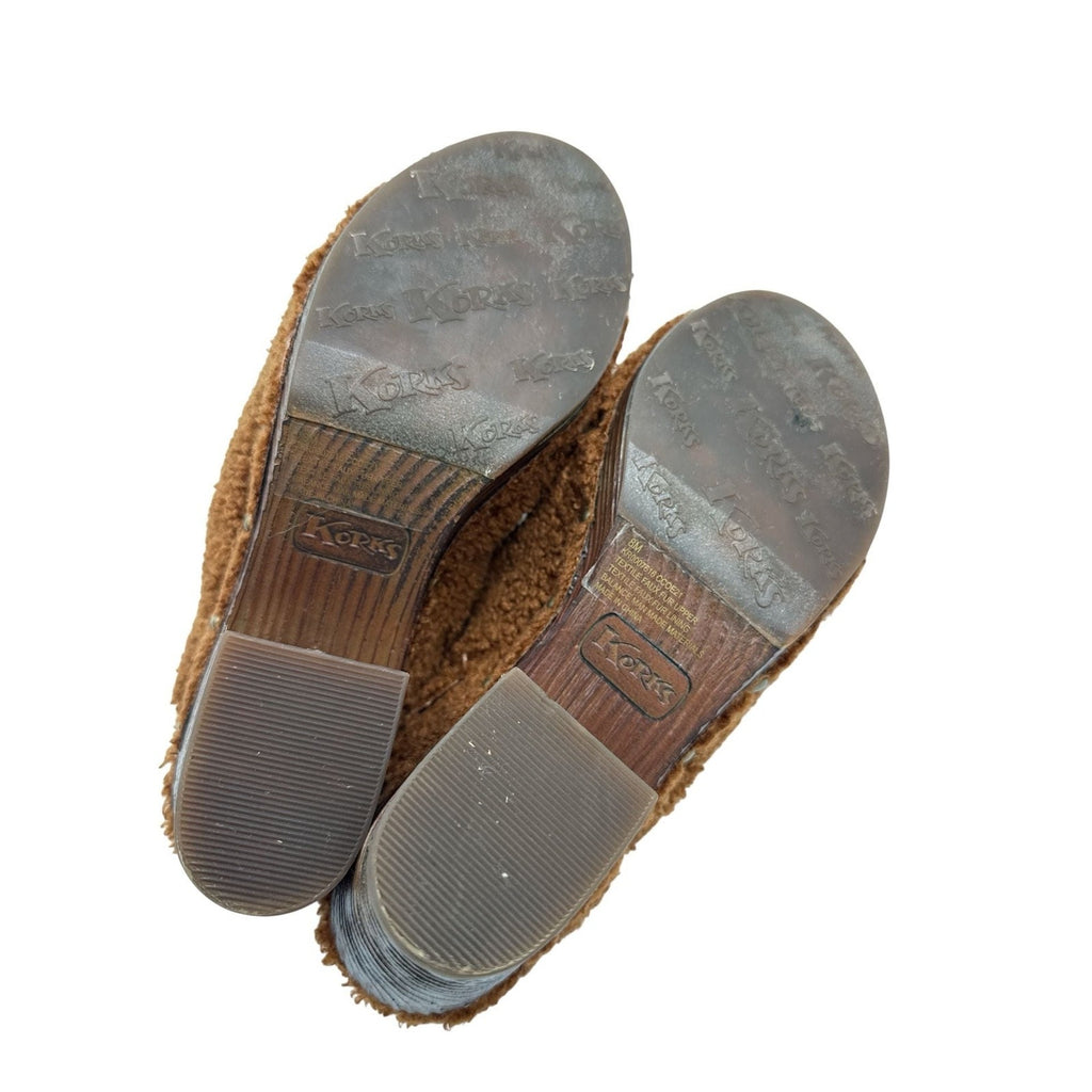 Korks Teddy Brown Faux Fur Studded Block Heel Clogs size 8