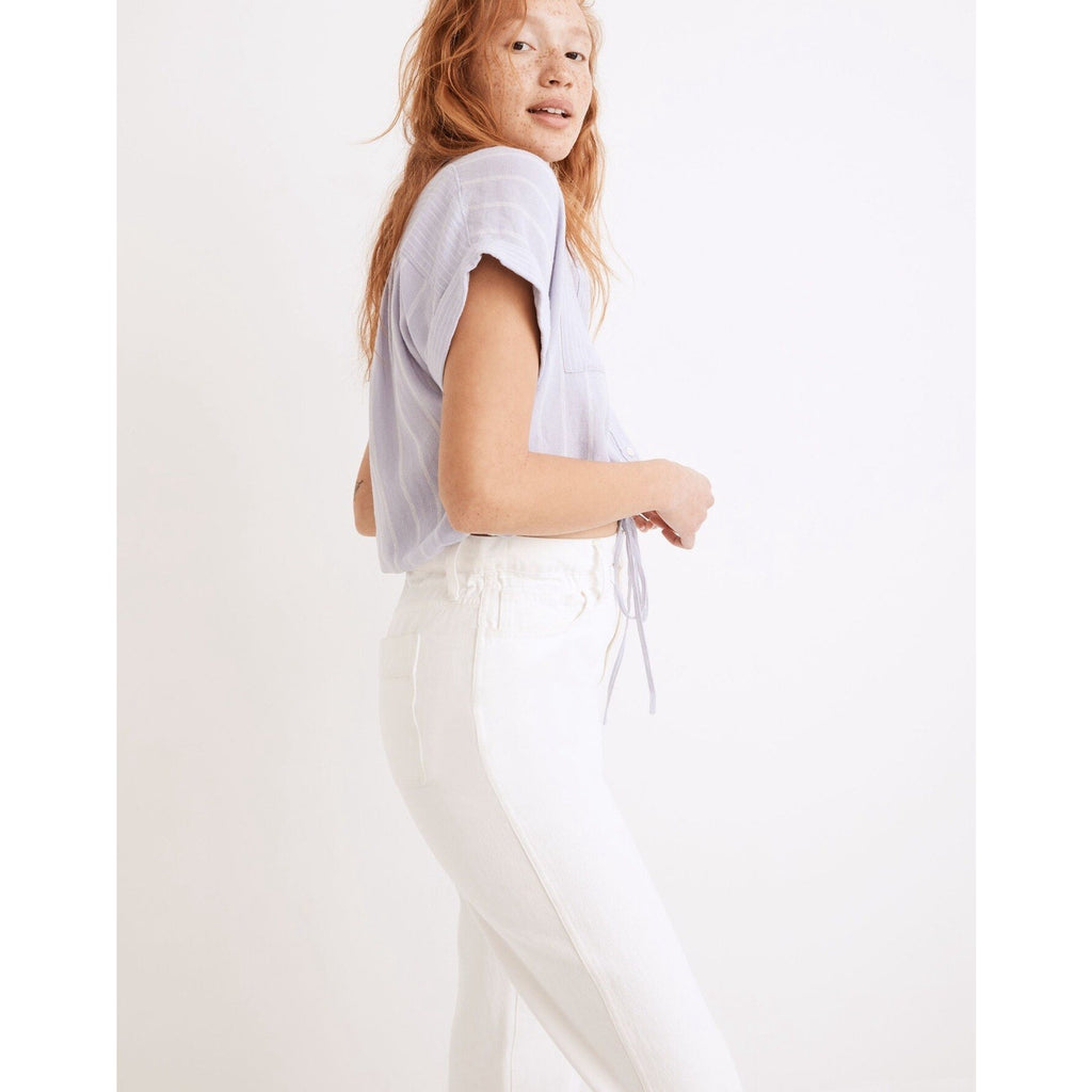 Madewell Linen-Blend Button-Up Drawstring Shirt in Stripe Distant Lavender S