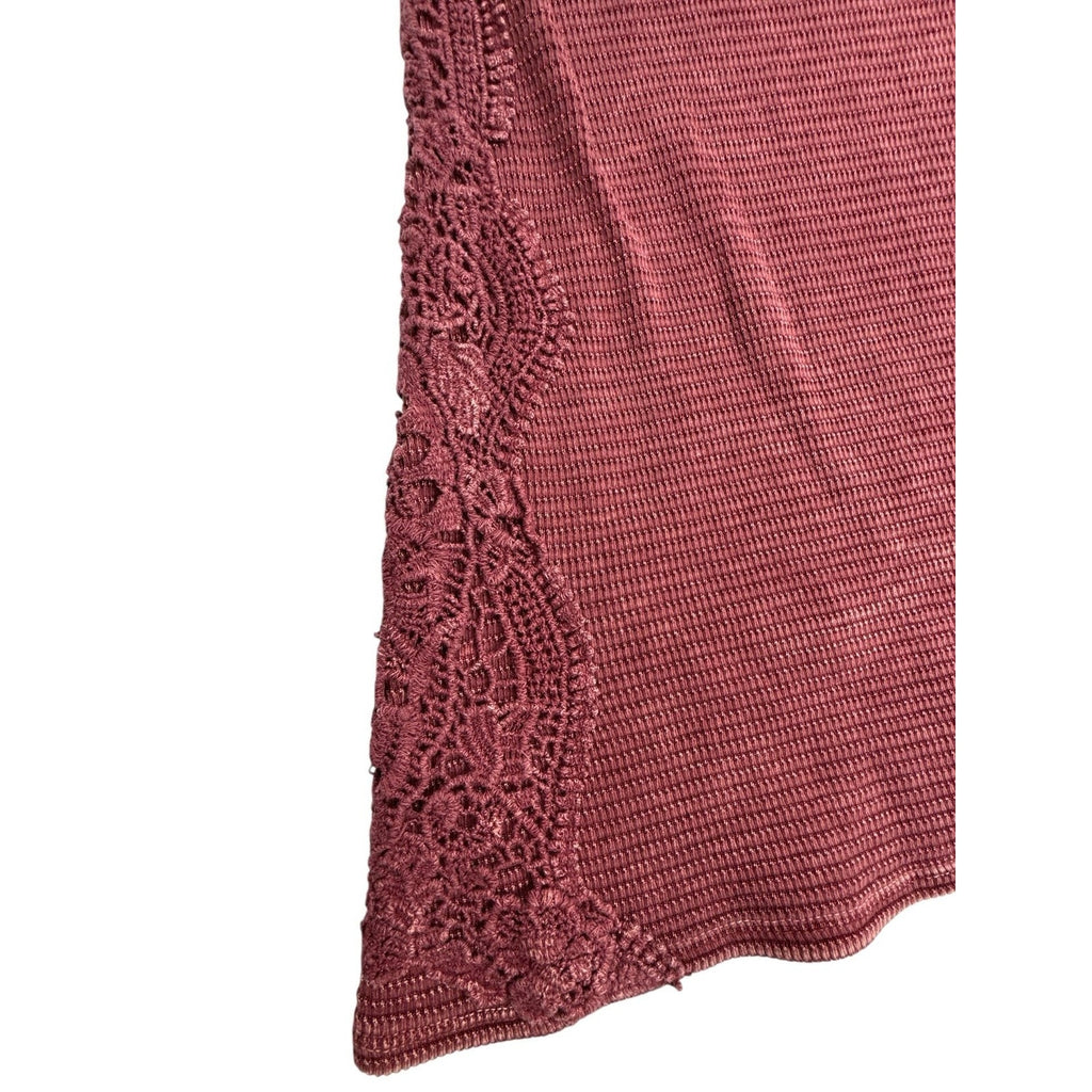 Able Boho Burgundy Waffle Knit Thermal Long Sleeve Dress with Crochet Lace Trim