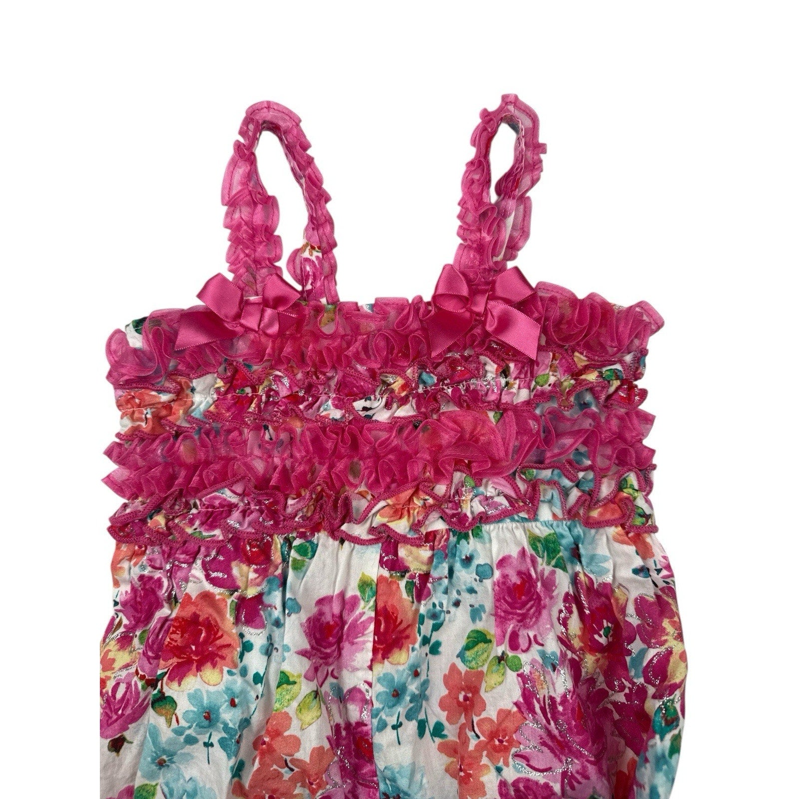 Bonnie Jean Girls Romper/coverall Glittered Pink Fuchsia Floral Size 5