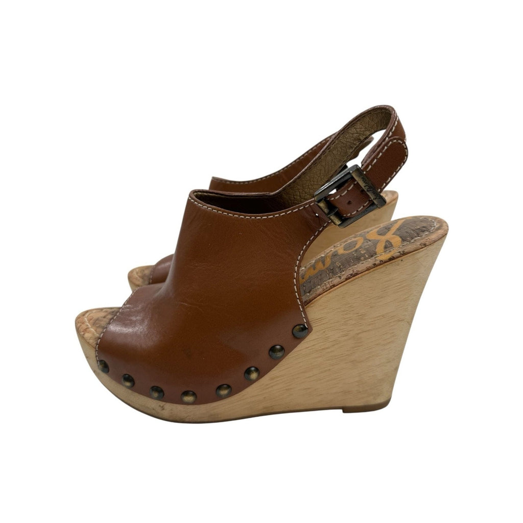 Sam Edelman Camilla Brown Leather Wooden Platform Wedge Slingback Sandals 7.5