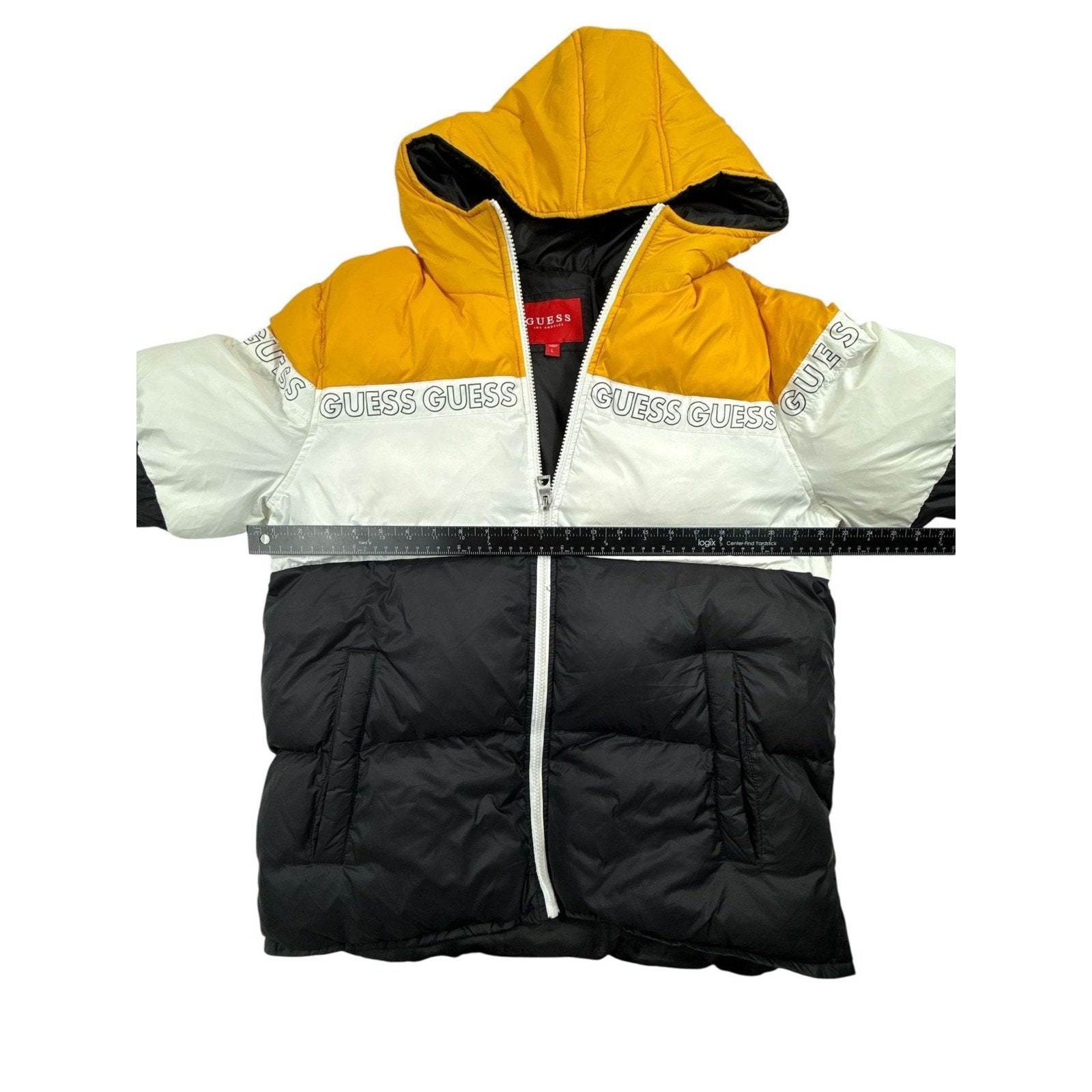 GUESS Men's Colorblock Spellout Logo Hooded Puffer Jacket size L