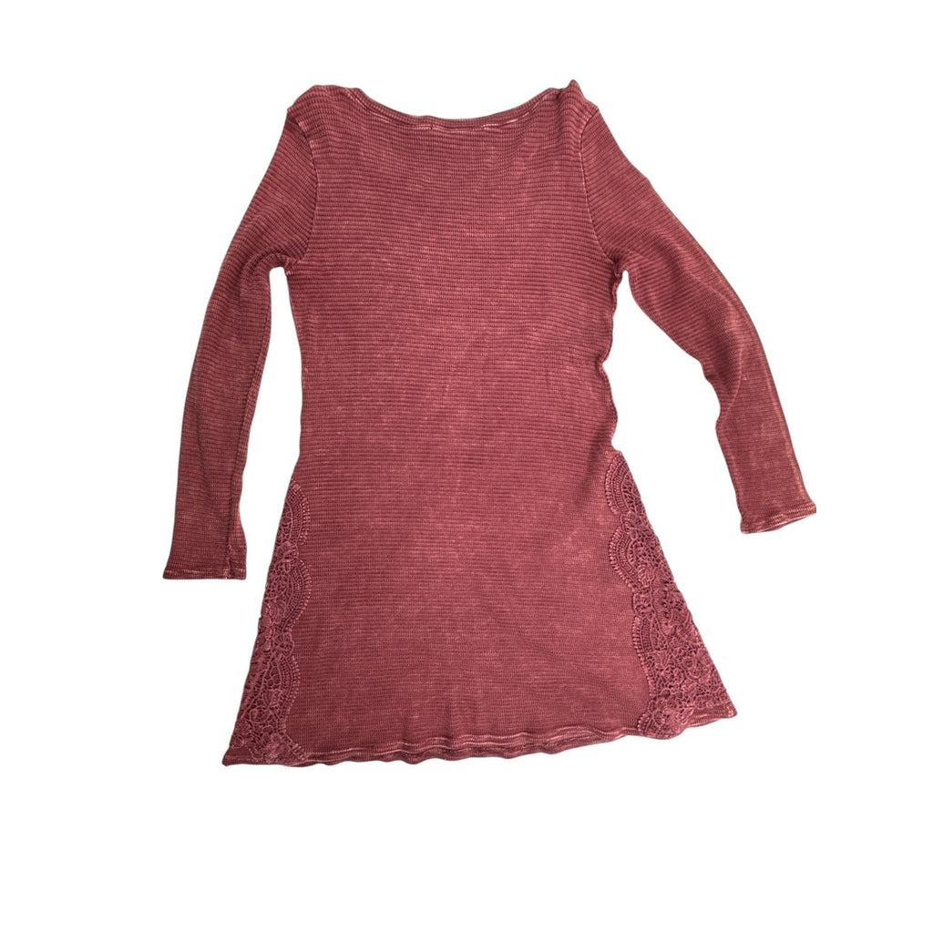 Able Boho Burgundy Waffle Knit Thermal Long Sleeve Dress with Crochet Lace Trim