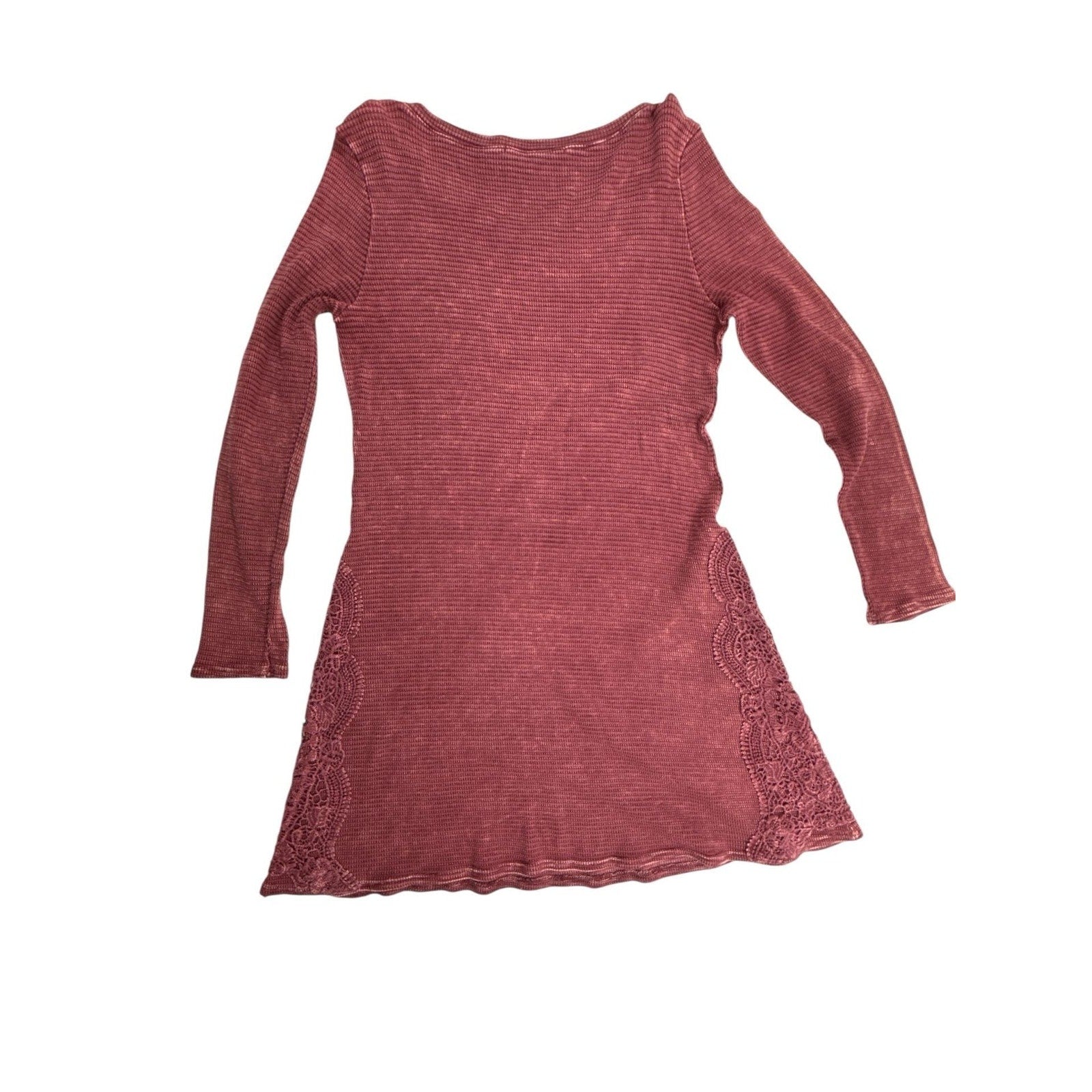 Able Boho Burgundy Waffle Knit Thermal Long Sleeve Dress with Crochet Lace Trim