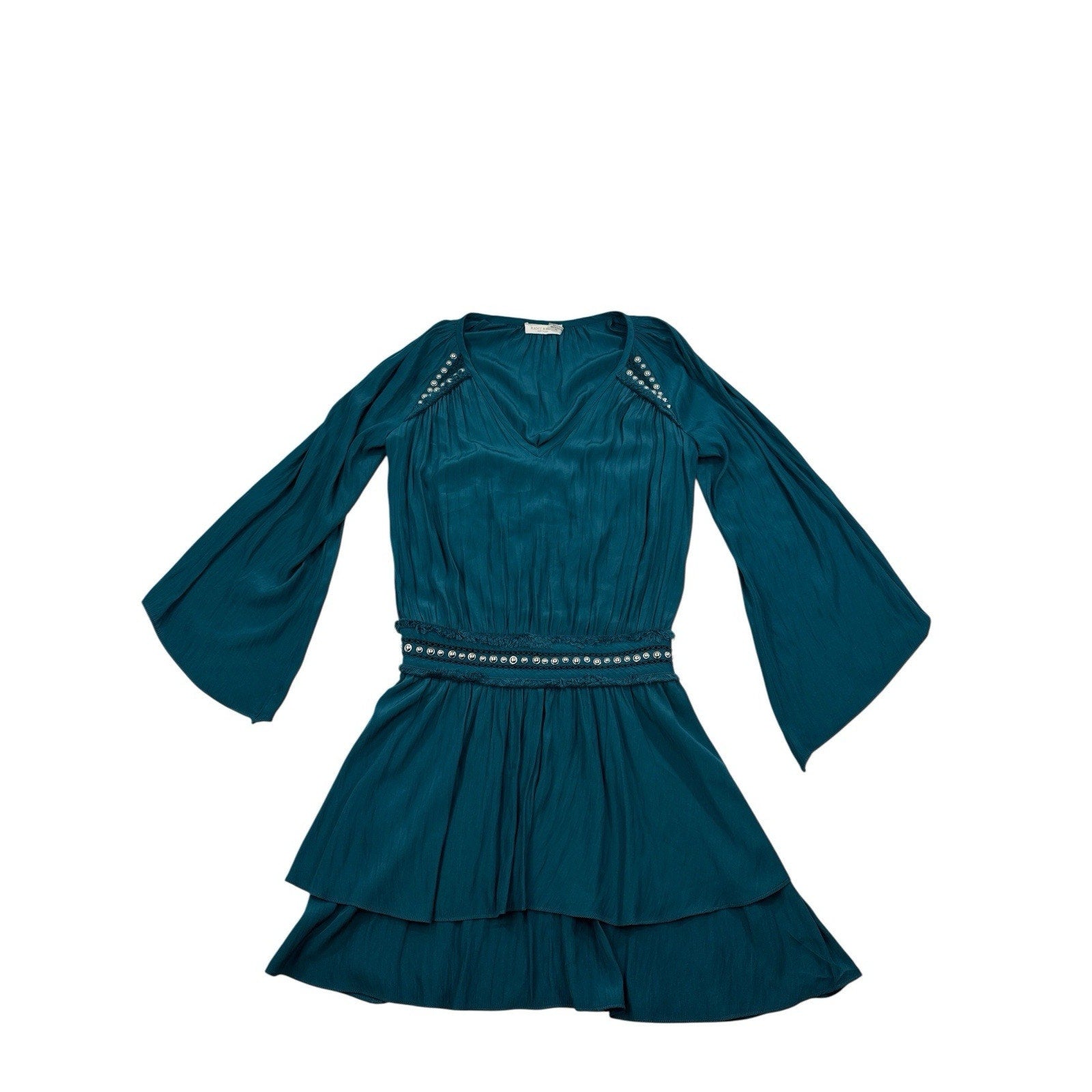 Ramy Brook Studded Mini Ruffled Dress Blue Green Teal Size S