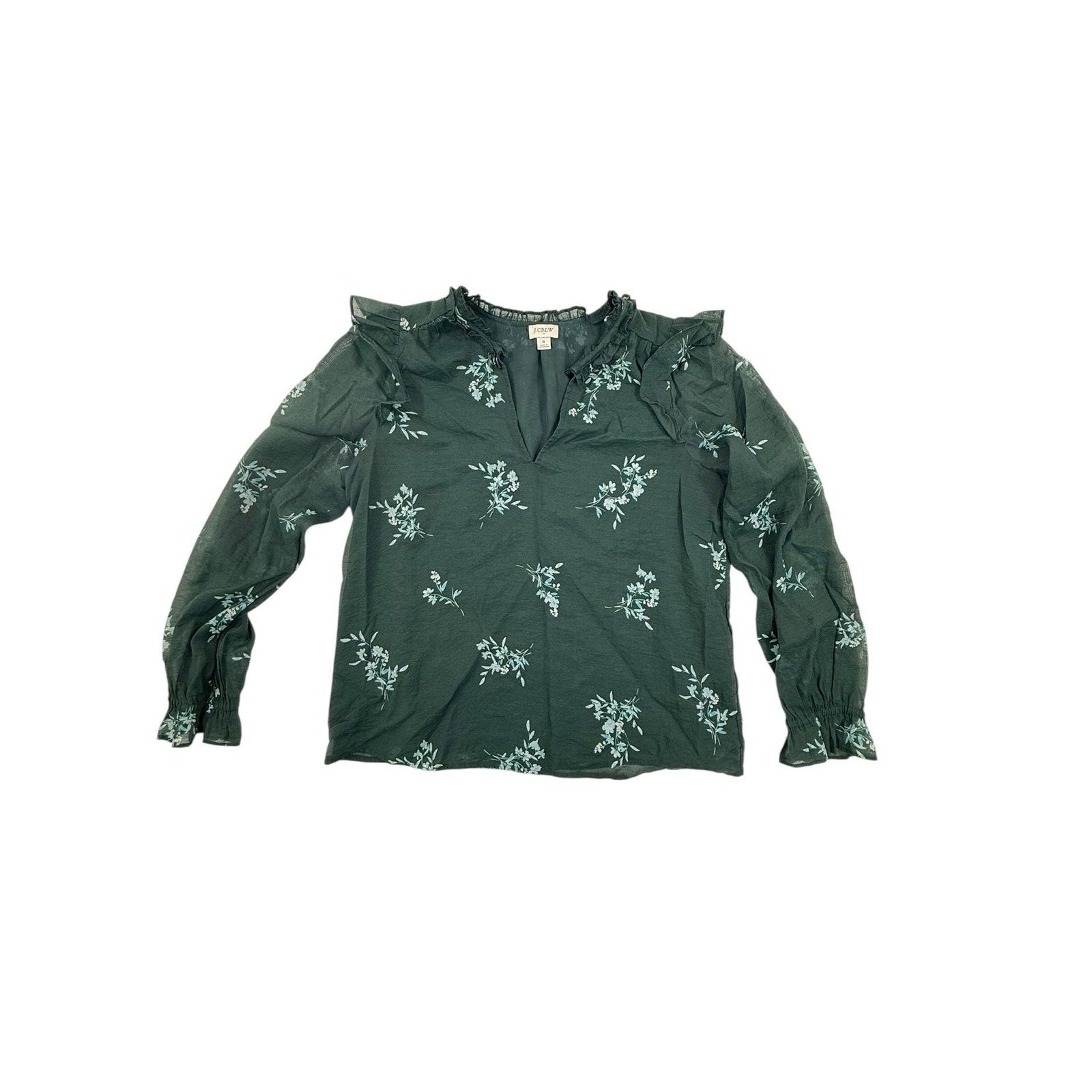 J.Crew Ruffle Collar Floral V-Neck Sheer Blouse in Emerald Green Size S