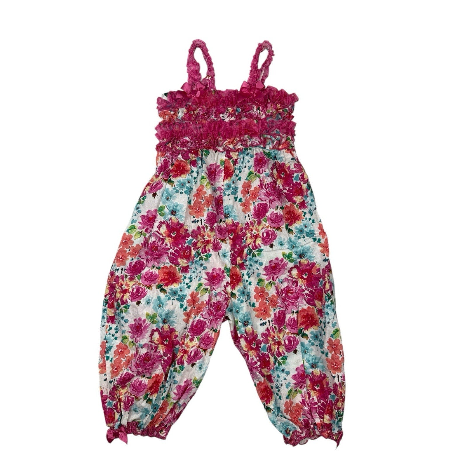 Bonnie Jean Girls Romper/coverall Glittered Pink Fuchsia Floral Size 5