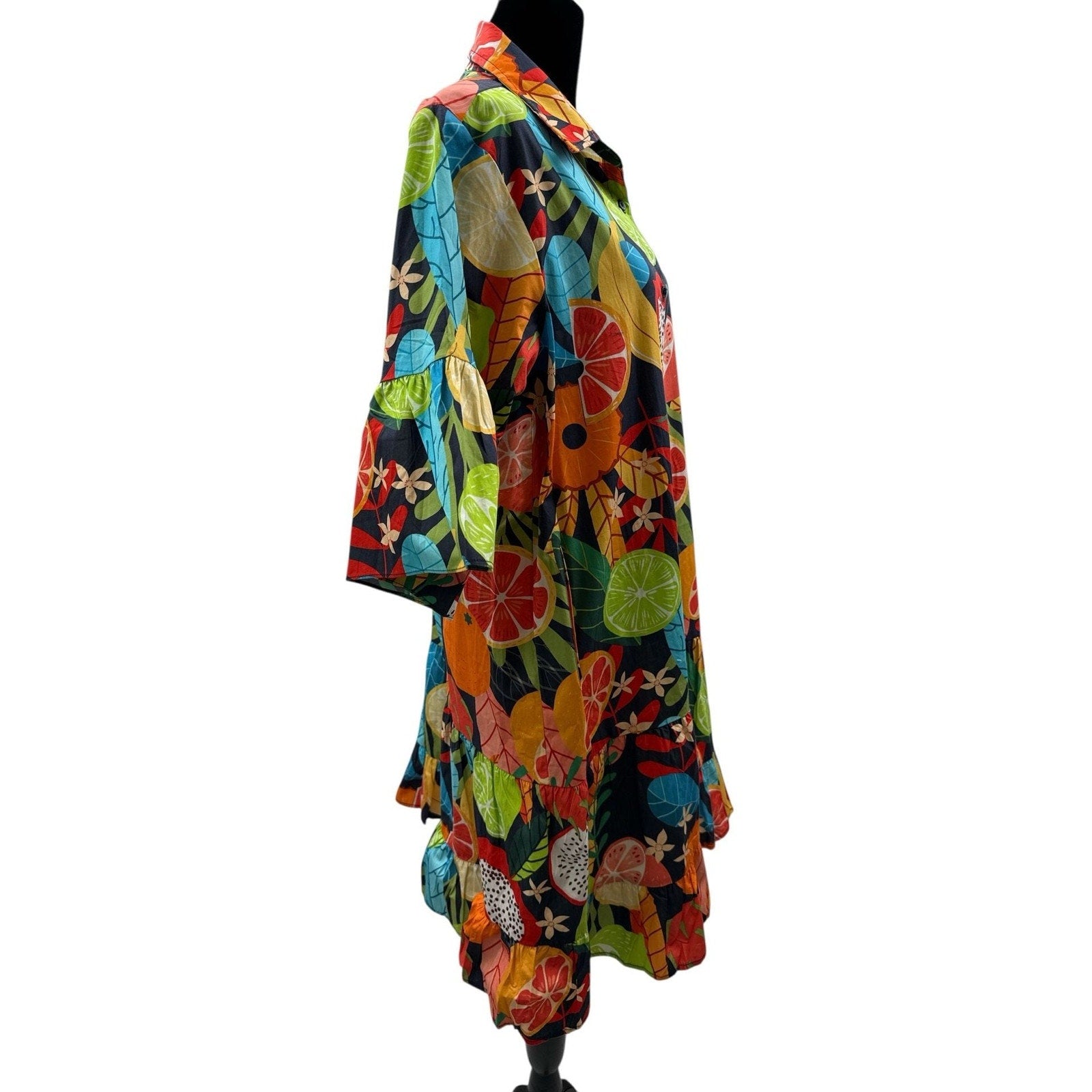 Maude Vivante 100% Cotton Tropical Fruit Print Tiered Shirt Dress