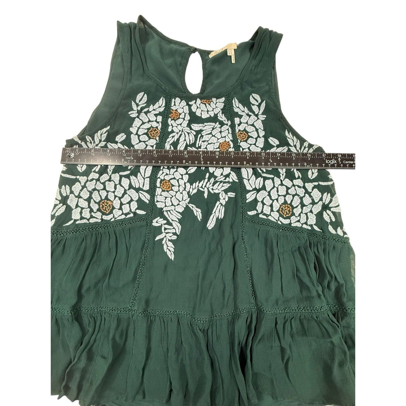 Floreat Anthropologie Roselle Dark Green Embroidered Babydoll Tank Top size S