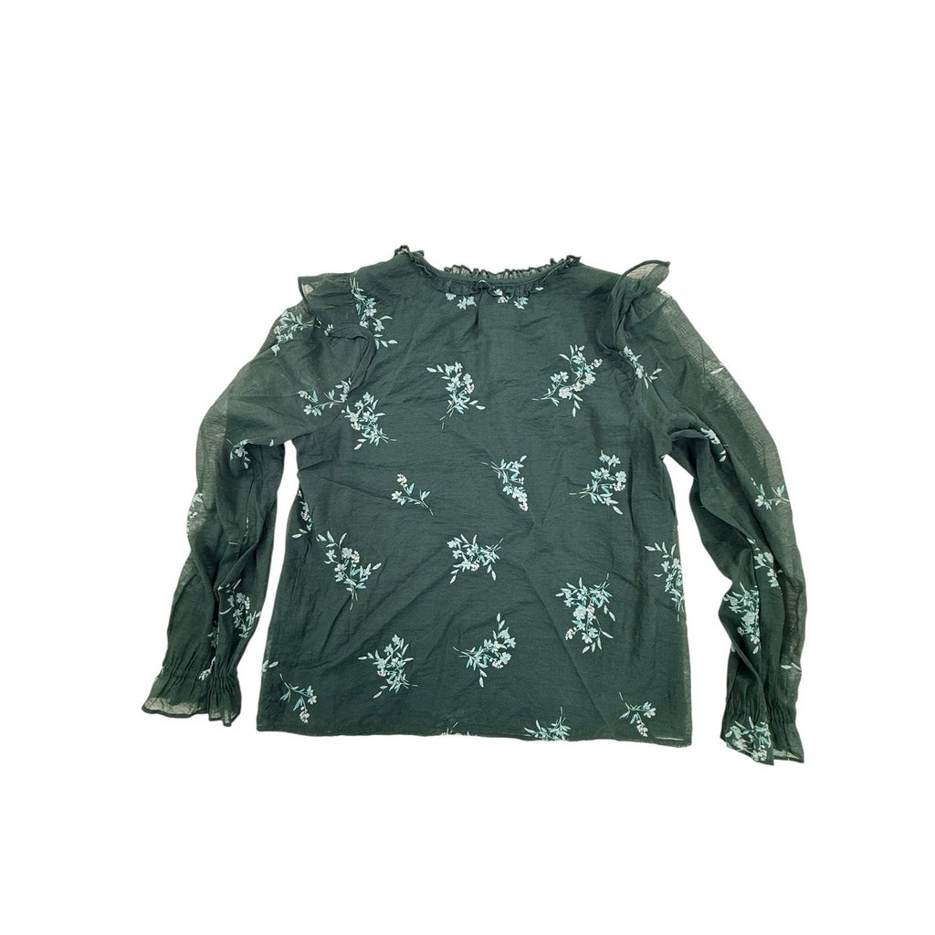 J.Crew Ruffle Collar Floral V-Neck Sheer Blouse in Emerald Green Size S