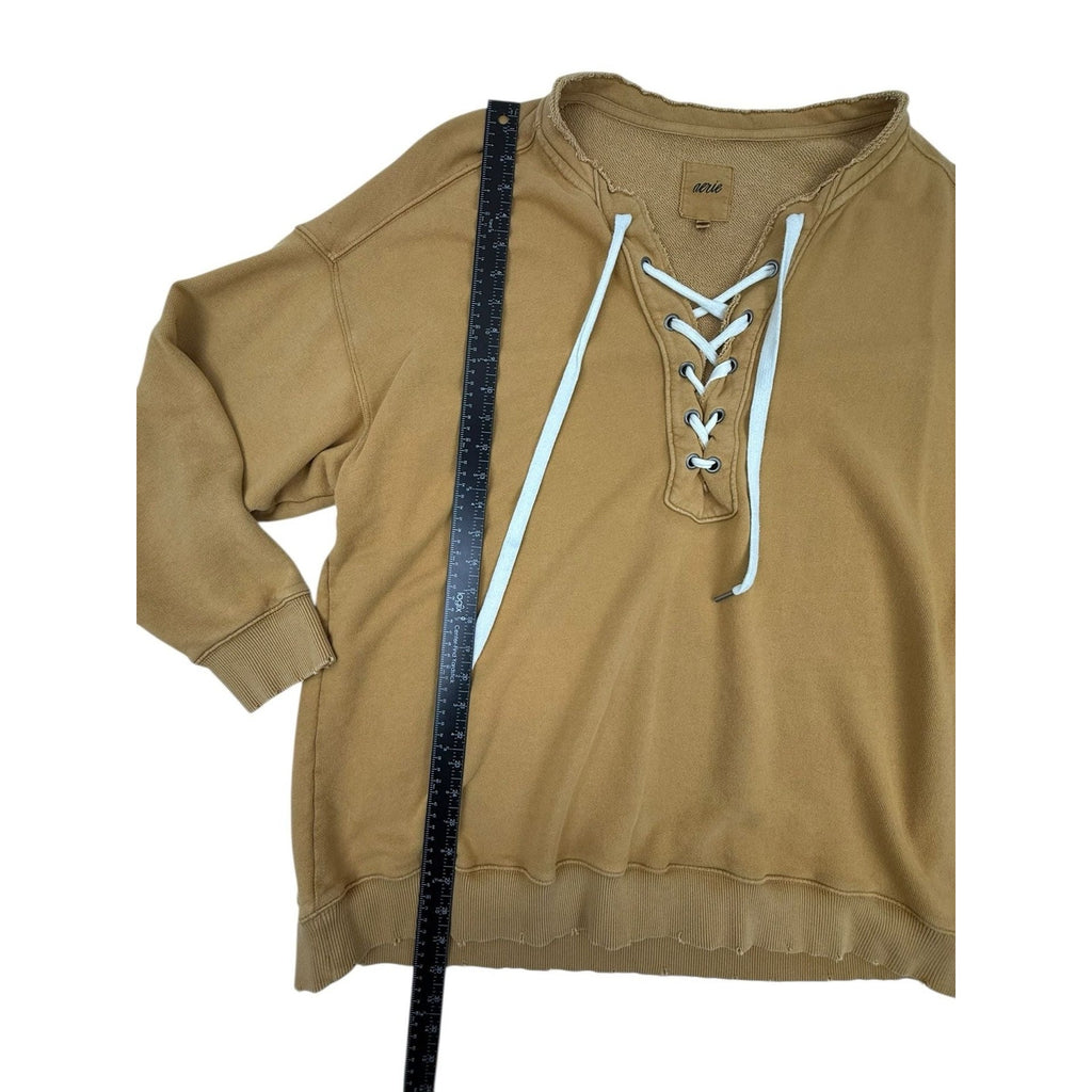 Aerie Mustard Yellow Lace-Up V-Neck Oversized Distressed Sweatshirt Size XL