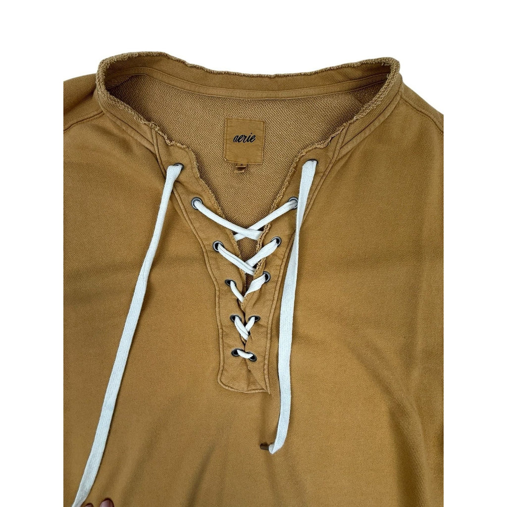 Aerie Mustard Yellow Lace-Up V-Neck Oversized Distressed Sweatshirt Size XL