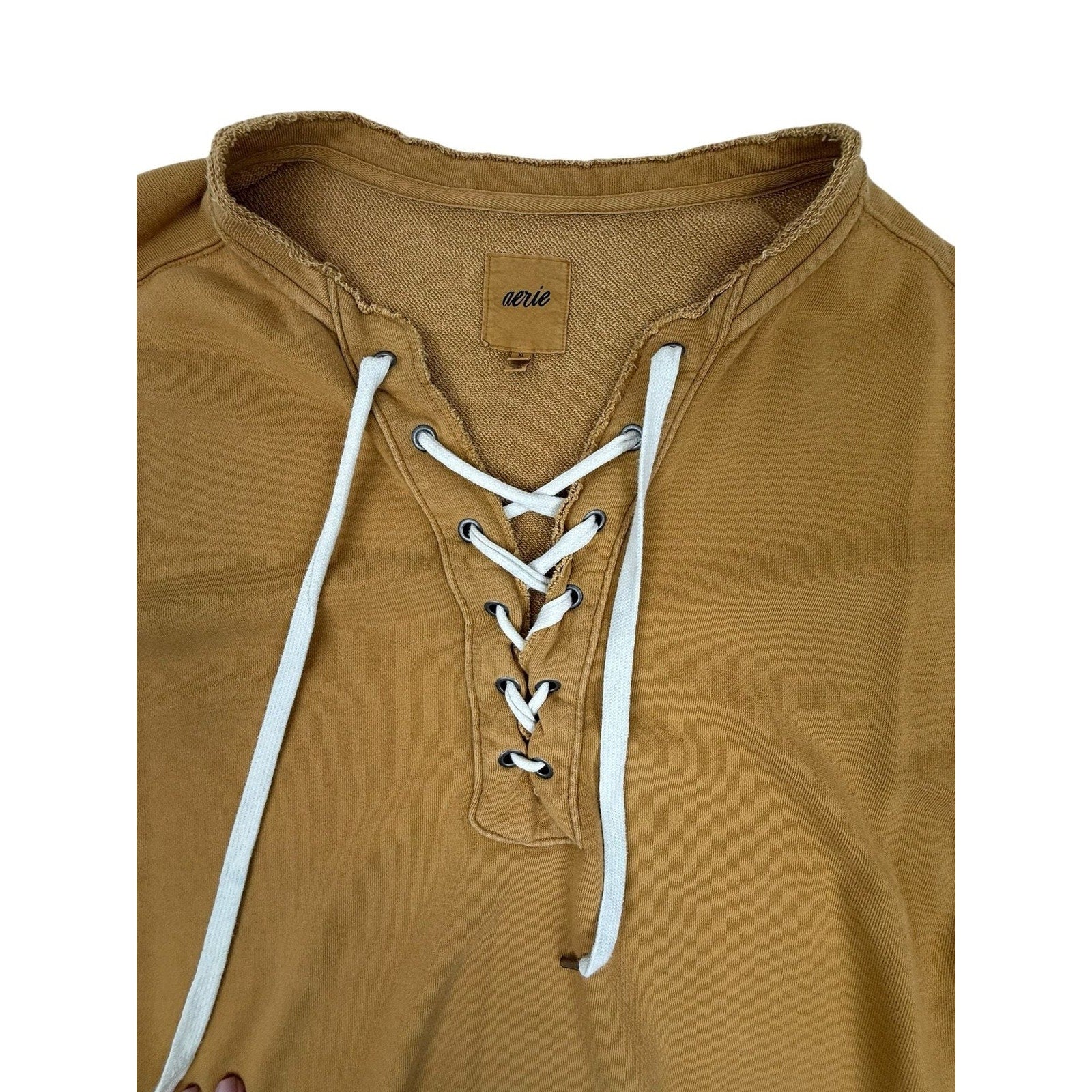 Aerie Mustard Yellow Lace-Up V-Neck Oversized Distressed Sweatshirt Size XL