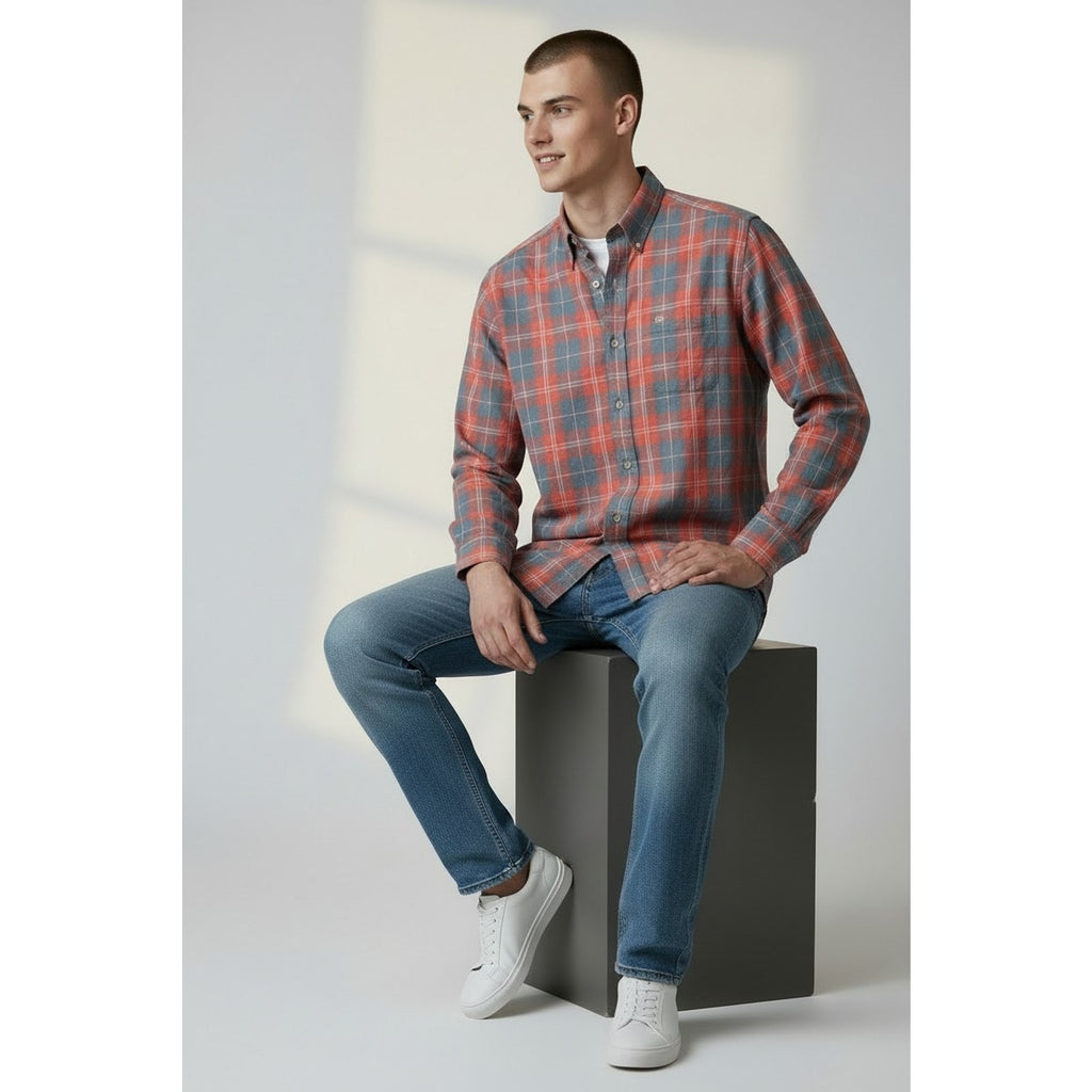 Mens Southern Tide Trim Fit Cotton Shirt Coral Pink Blue Plaid Size M