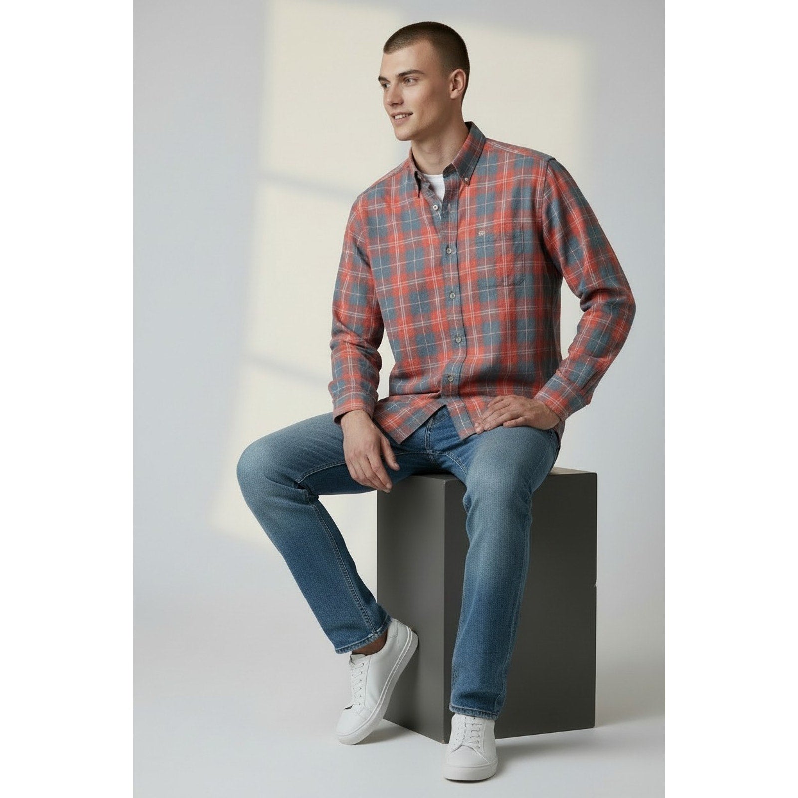 Mens Southern Tide Trim Fit Cotton Shirt Coral Pink Blue Plaid Size M