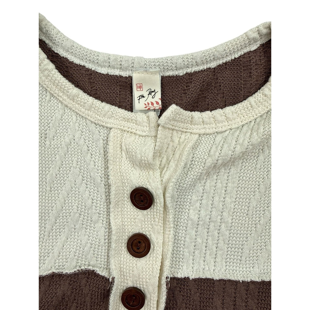 7th Ray Bohemian Colorblock Henley Cable Knit Multi-Texture Long Sleeve Top