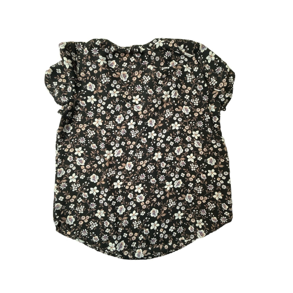 Pleione Women's Large Black Floral Short Sleeve V-Neck Blouse Top L
