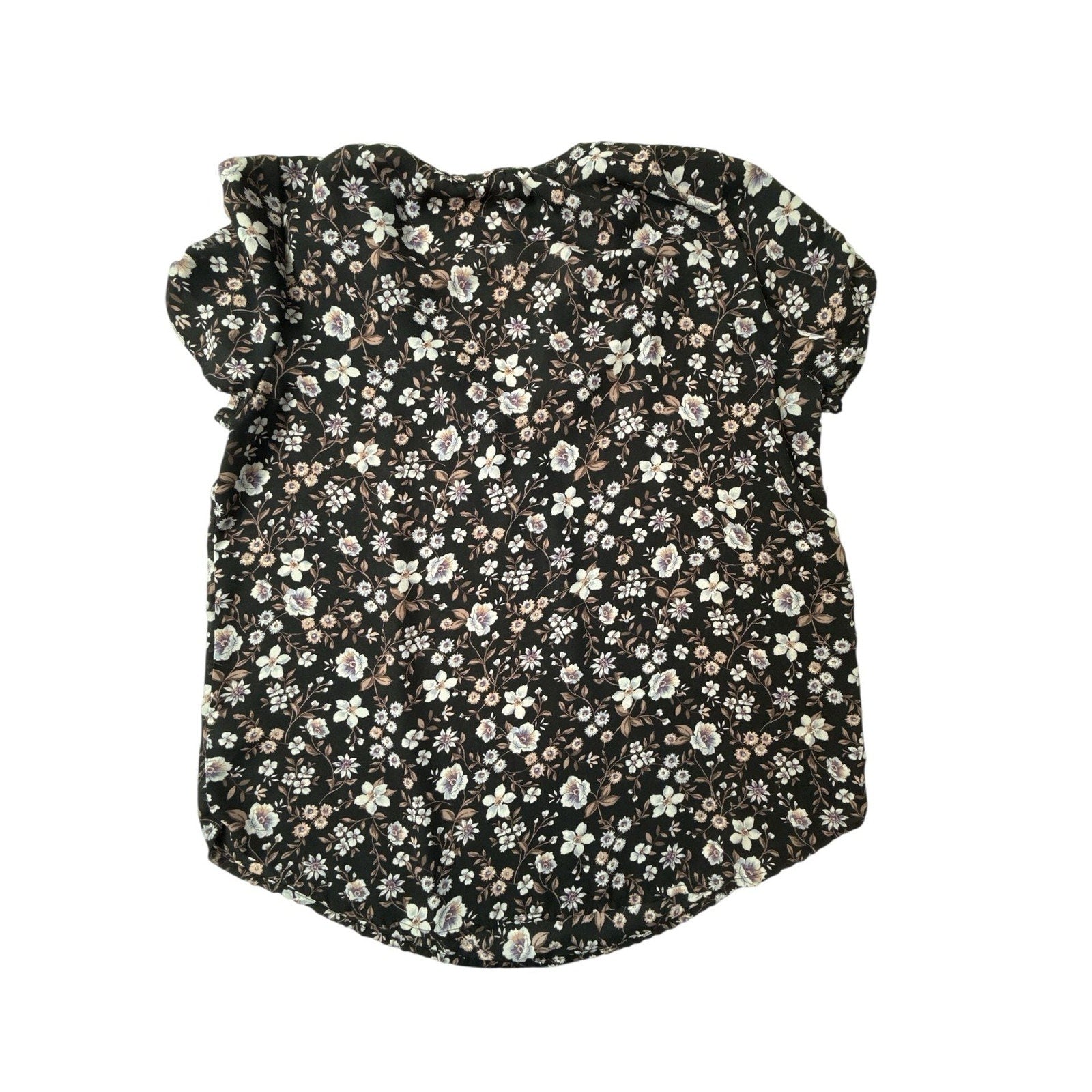 Pleione Women's Large Black Floral Short Sleeve V-Neck Blouse Top L