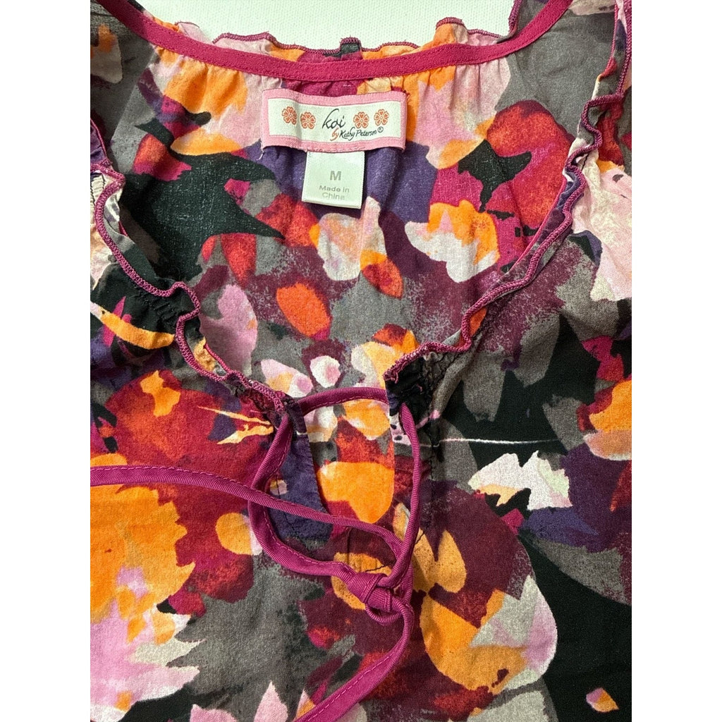 Koi by Kathy Peterson Floral Ruffle V-Neck Scrub Blouse Top Size Medium