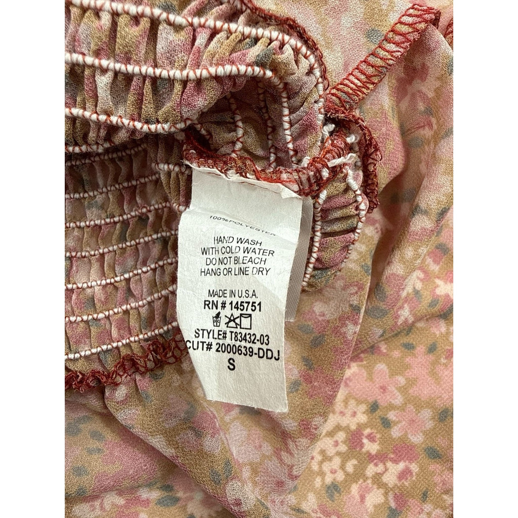 Peach Love California Floral Smocked Waist Bell Sleeve Wrap Blouse