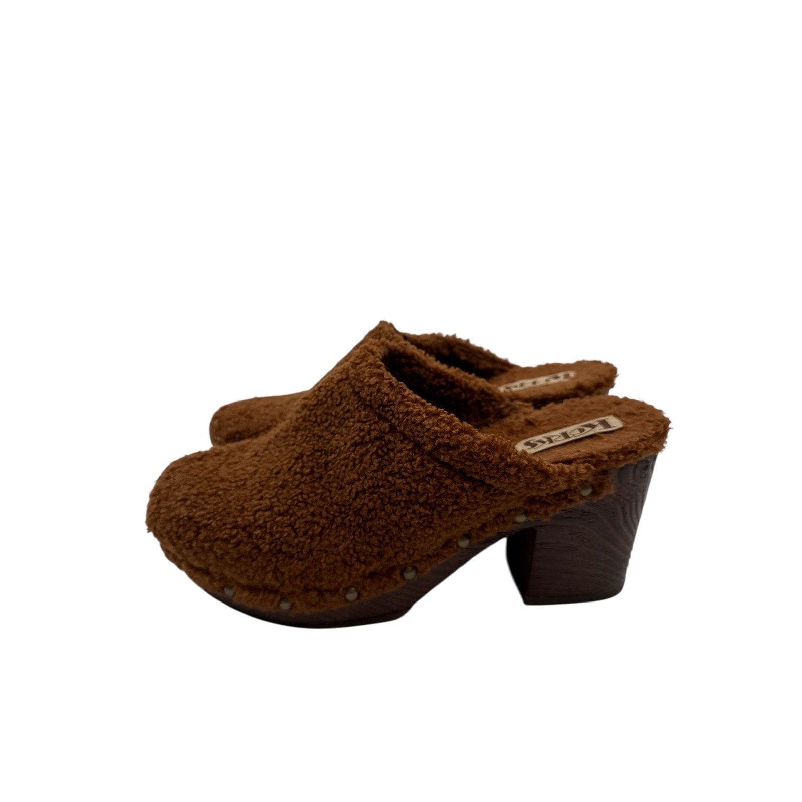 Korks Teddy Brown Faux Fur Studded Block Heel Clogs size 8