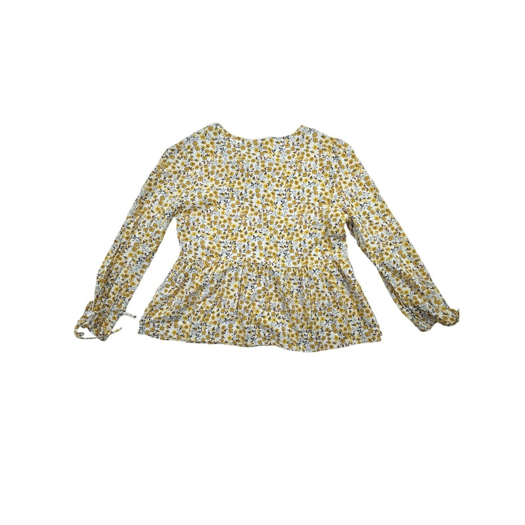 Lee Cooper London Yellow Floral Peplum Blouse with Tie Neck and Cuffed Sleeves X