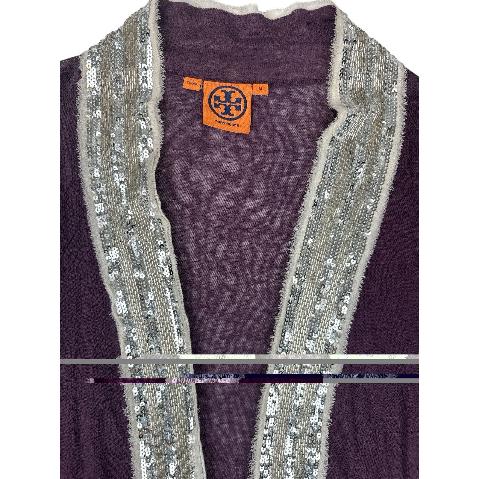 Tory Burch Cardigan Open Front Women's Size Medium Linen Sequin Trimmed Purple