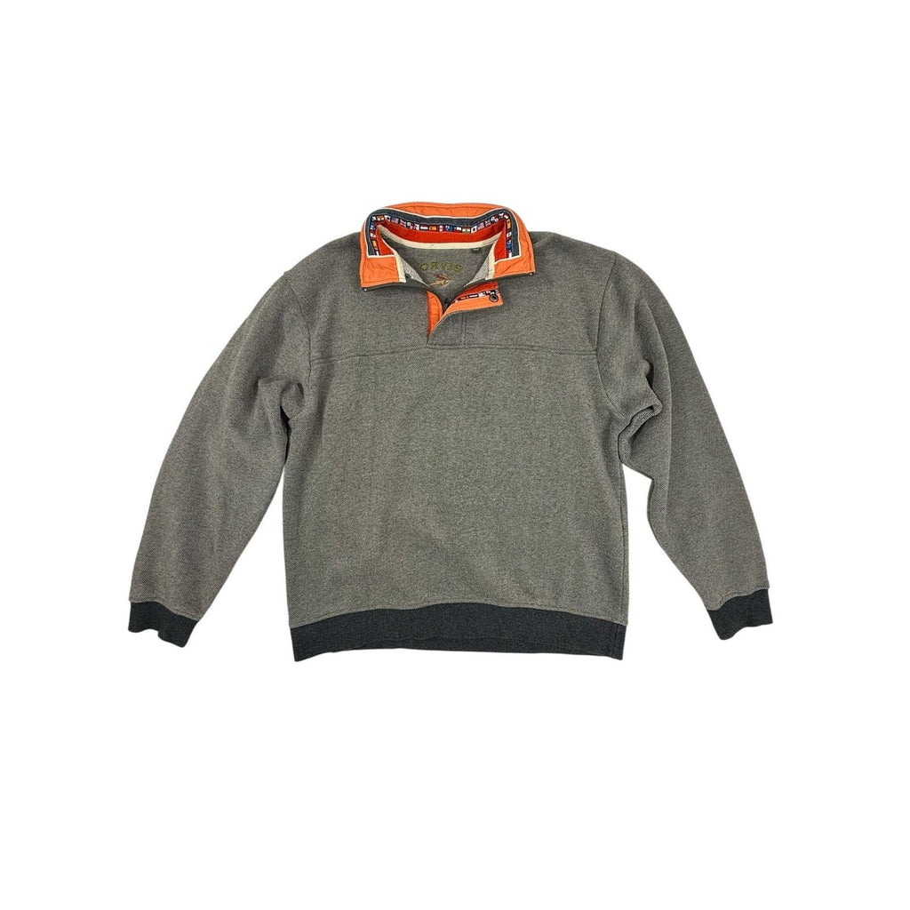 Orvis Men's Gray Waffle Knit 1/4 Zip Pullover with World Flags Collar size L