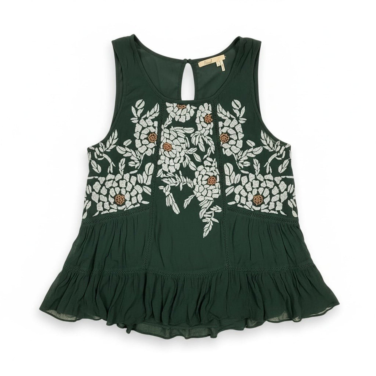 Floreat Anthropologie Roselle Dark Green Embroidered Babydoll Tank Top size S