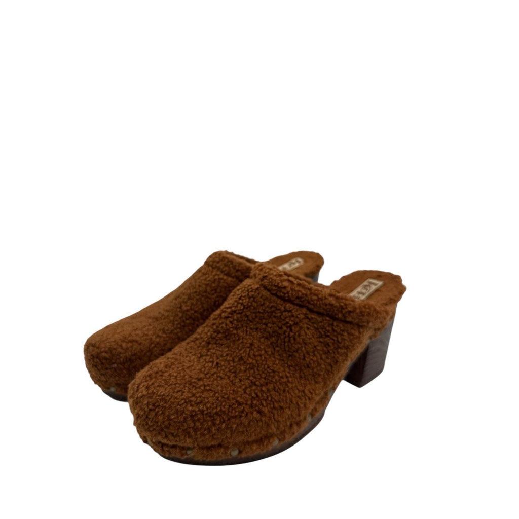 Korks Teddy Brown Faux Fur Studded Block Heel Clogs size 8