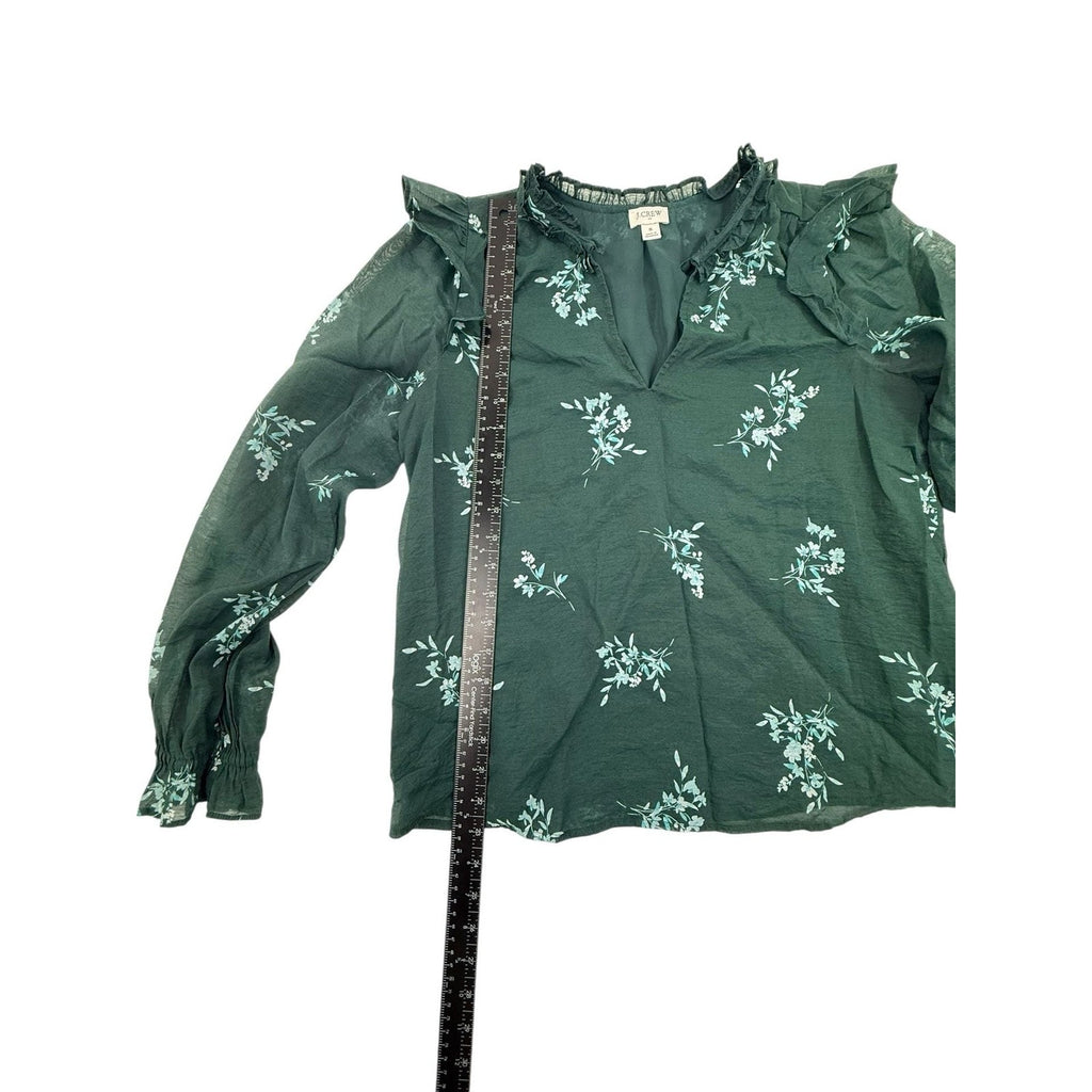 J.Crew Ruffle Collar Floral V-Neck Sheer Blouse in Emerald Green Size S